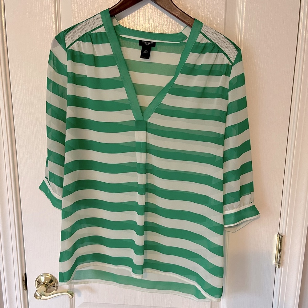 Ann Taylor small petite sheer green and white striped top